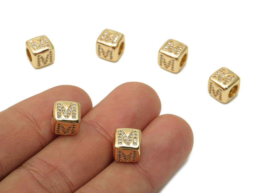 Alphabet Cube Bead M With Zircon- Brass Initial Letters M Beads Bracelet - Bead Necklace- 18K Real Gold Plated - 8.63x8.63x8.46mm - RGP4782M - DOMEDBAZAAR