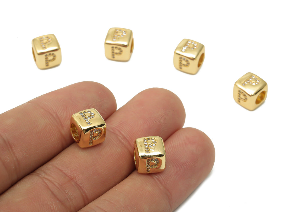 Alphabet Cube Bead P With Zircon- Brass Initial Letters P Beads Bracelet - Bead Necklace- 18K Real Gold Plated - 8.63x8.63x8.46mm - RGP4782P - DOMEDBAZAAR