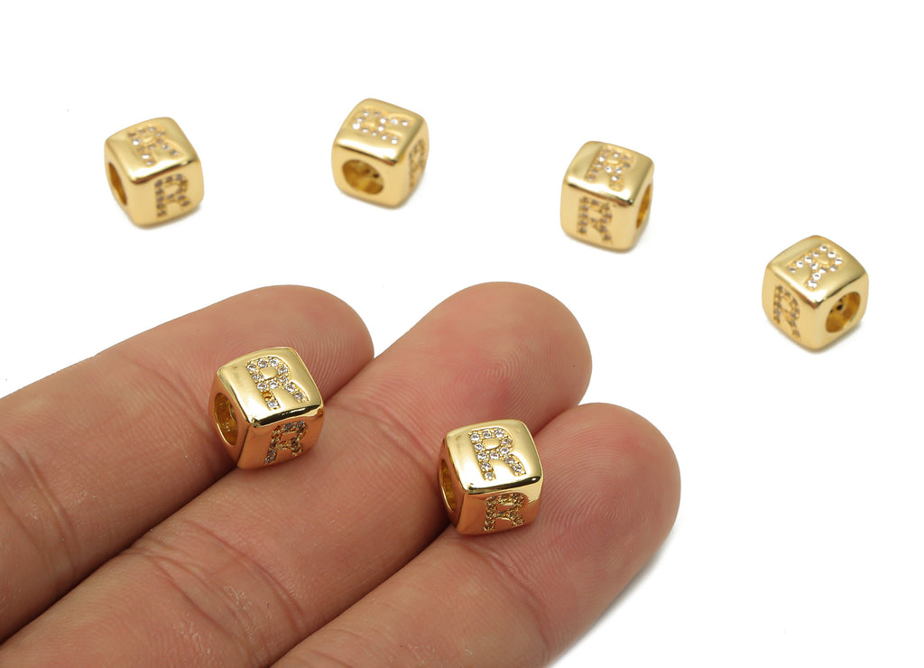 Alphabet Cube Bead R With Zircon- Brass Initial Letters R Beads Bracelet - Bead Necklace- 18K Real Gold Plated - 8.63x8.63x8.46mm - RGP4782R - DOMEDBAZAAR