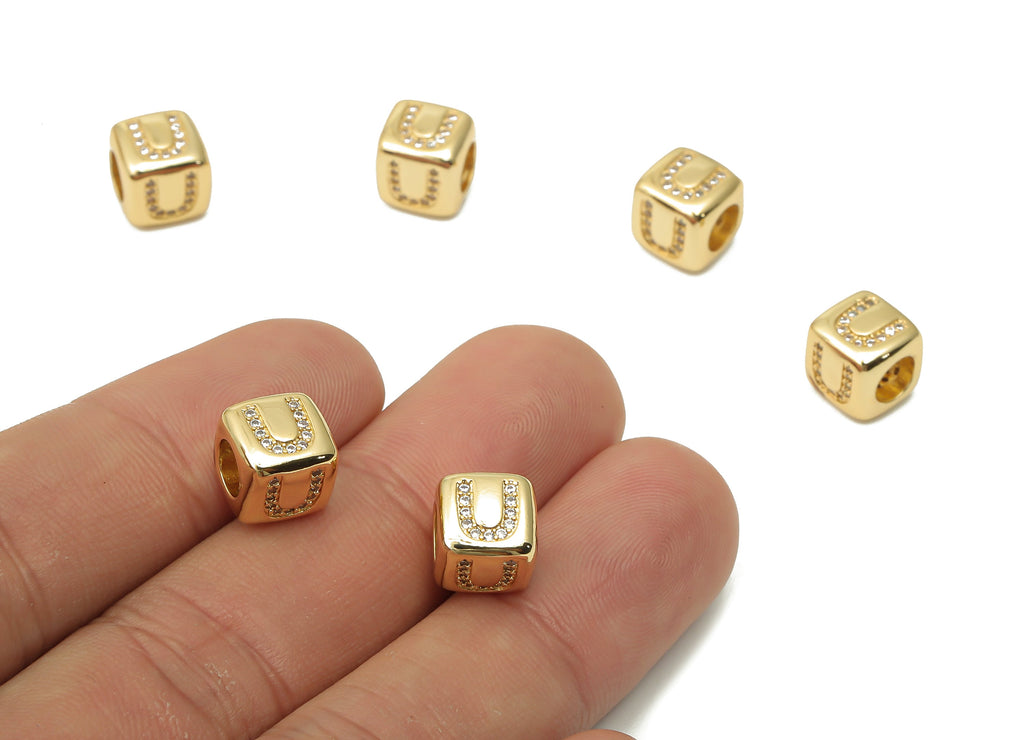 Alphabet Cube Bead U With Zircon- Brass Initial Letters U Beads Bracelet - Bead Necklace- 18K Real Gold Plated - 8.63x8.63x8.46mm - RGP4782U - DOMEDBAZAAR