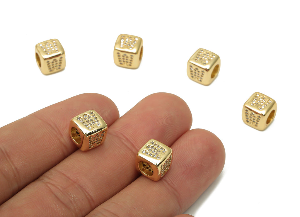 Alphabet Cube Bead W With Zircon- Brass Initial Letters W Beads Bracelet - Bead Necklace- 18K Real Gold Plated - 8.63x8.63x8.46mm - RGP4782W - DOMEDBAZAAR