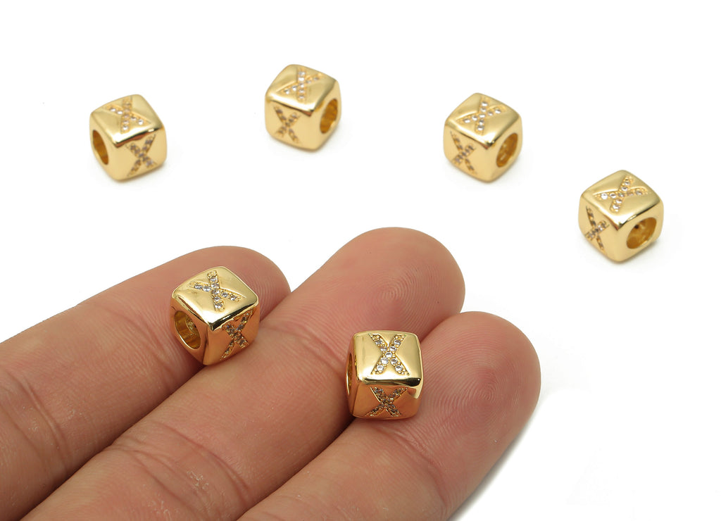 Alphabet Cube Bead X With Zircon- Brass Initial Letters X Beads Bracelet - Bead Necklace- 18K Real Gold Plated - 8.63x8.63x8.46mm - RGP4782X - DOMEDBAZAAR