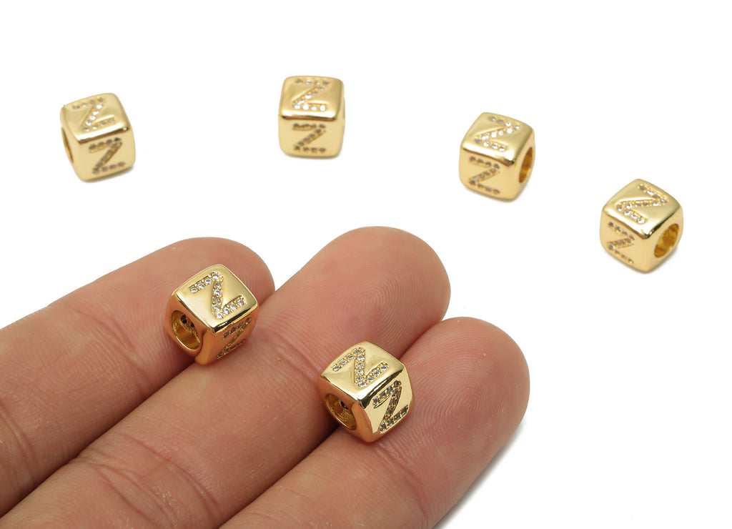 Alphabet Cube Bead Z With Zircon- Brass Initial Letters Z Beads Bracelet - Bead Necklace- 18K Real Gold Plated - 8.63x8.63x8.46mm - RGP4782Z - DOMEDBAZAAR