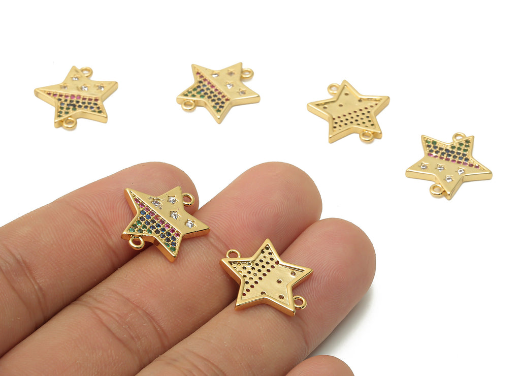 Brass Rainbow Star Earring Connectors with Zircons - Brass Star Connectors - 18K Real Gold Plated - 17.14x17.44x1.78mm - RGP4863 - DOMEDBAZAAR