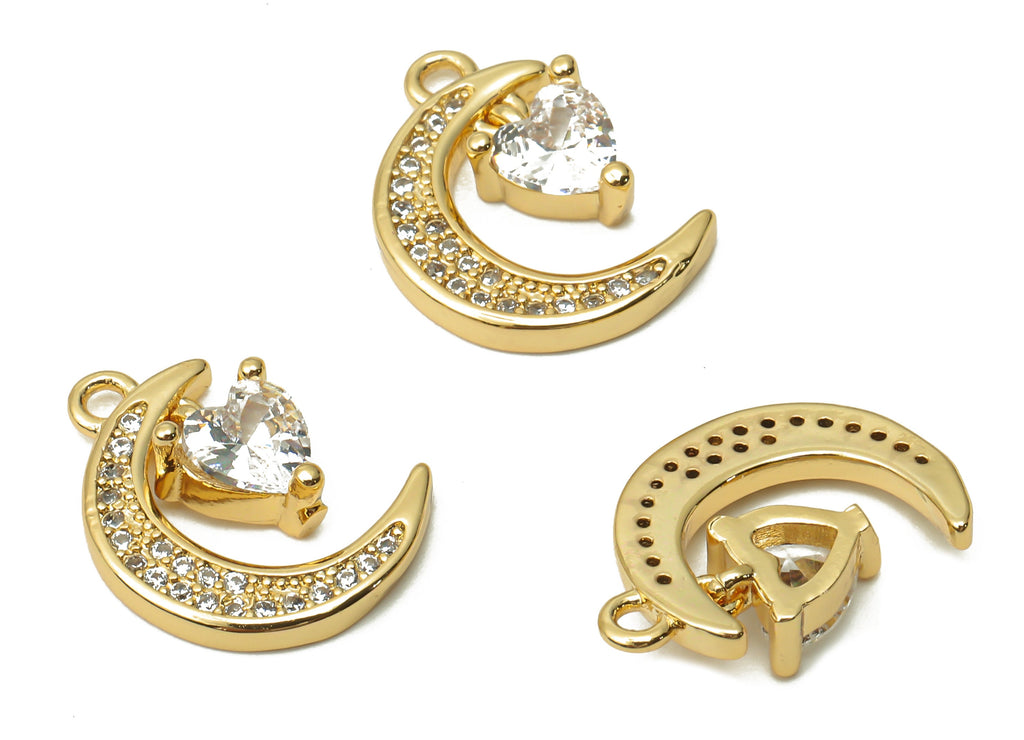 Brass Crescent Earrings Charms With Zircon - Moon Necklace Pendant - Heart Diamond - 18K Real Gold Plated -16.05x11.36x3.8mm - RGP4866 - DOMEDBAZAAR