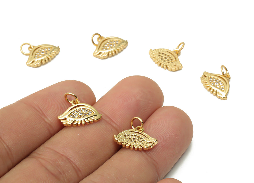 Brass Eyelash Charms - Brass Eyelash Charms With Zircon - Brass Eye Pendant  - 18K Real Gold Plated Brass - 14.35x10.62x1.8mm - RGP4868 - DOMEDBAZAAR