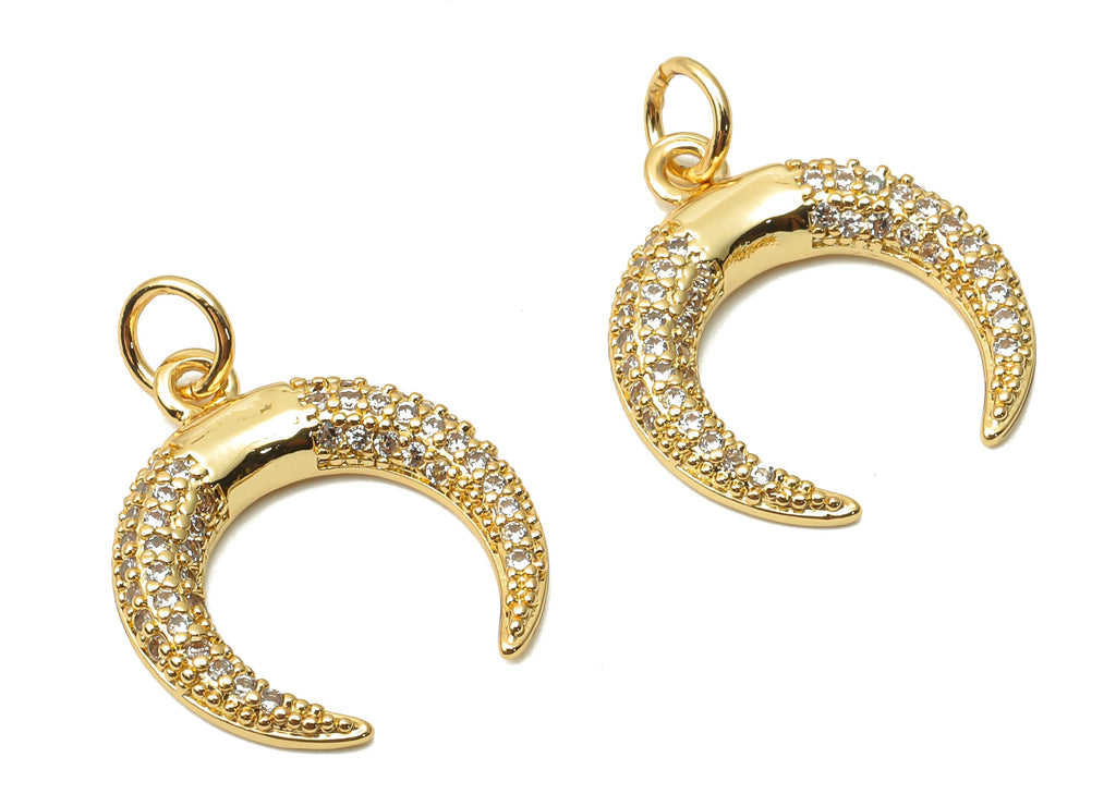 Brass Crescent Earring Charms - Brass Moon Pendant with Zircon - Brass Moon Pendant  - 18K Real Gold Plated - 20.95x16.14x2.48mm - RGP4870 - DOMEDBAZAAR