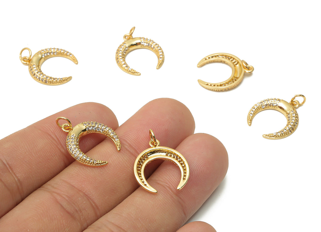 Brass Crescent Earring Charms - Brass Moon Pendant with Zircon - Brass Moon Pendant  - 18K Real Gold Plated - 20.95x16.14x2.48mm - RGP4870 - DOMEDBAZAAR