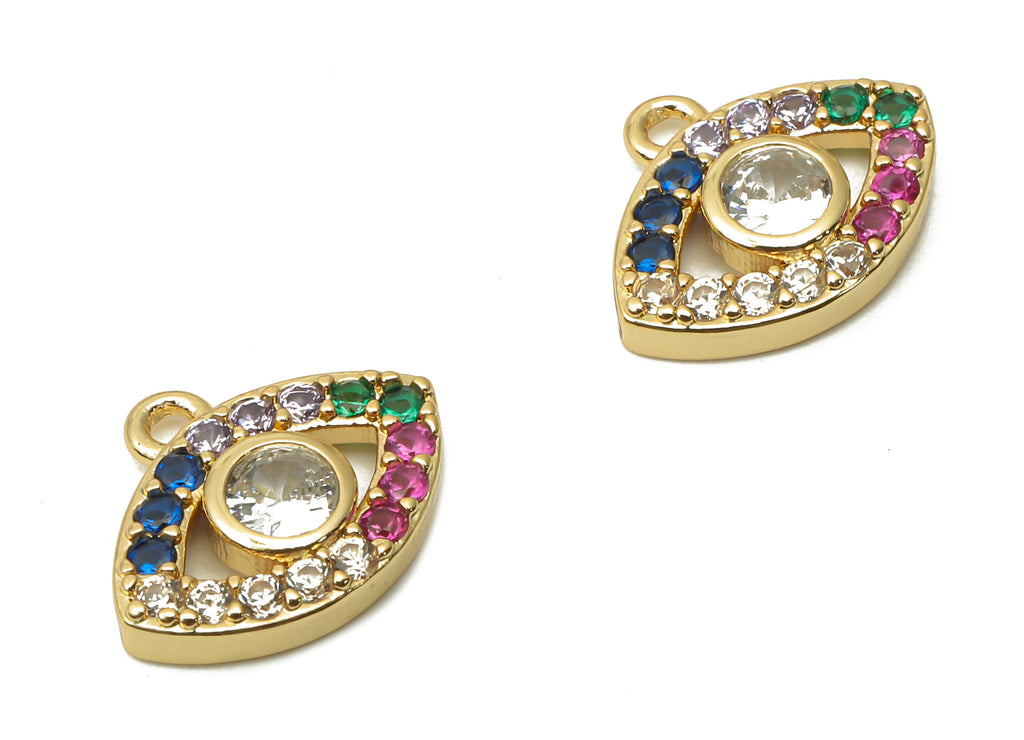 Brass Eyelash Earring Charms with Zircon - Brass Eye Rainbow Earrings - Brass braceler - 18K Real Gold Plated - 10.04x12.4x1.9mm - RGP4871 - DOMEDBAZAAR
