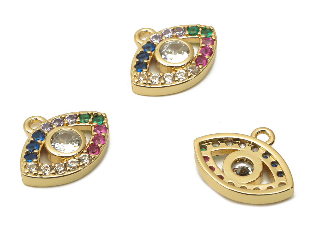 Brass Eyelash Earring Charms with Zircon - Brass Eye Rainbow Earrings - Brass braceler - 18K Real Gold Plated - 10.04x12.4x1.9mm - RGP4871 - DOMEDBAZAAR