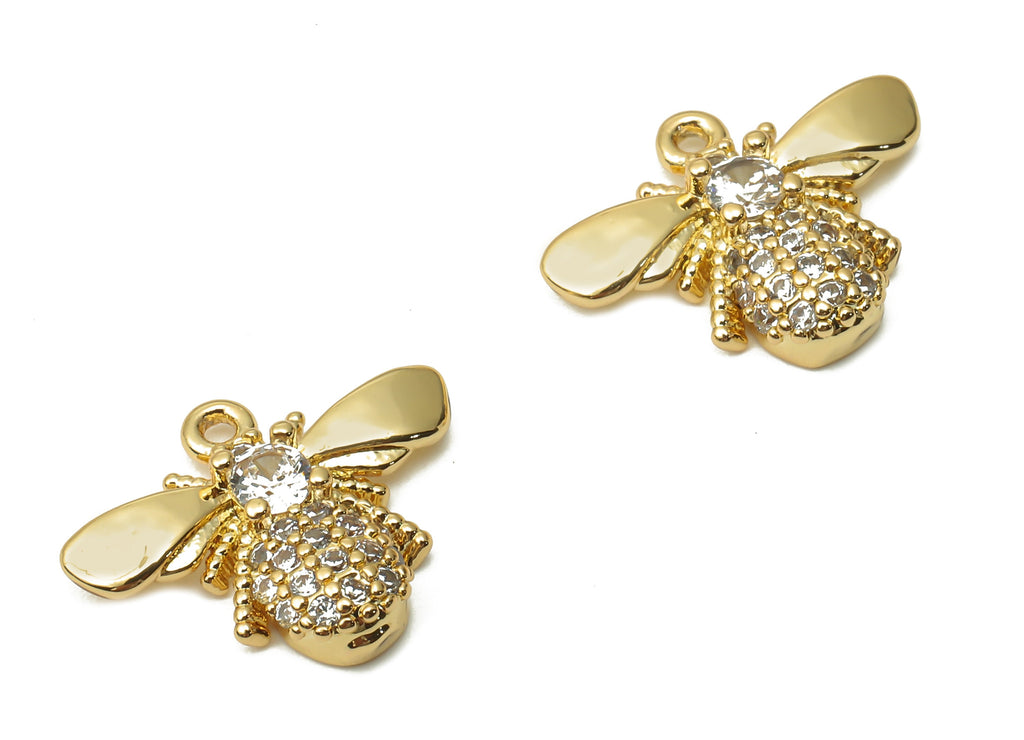 Brass Bee Earring Charms - Brass Bee Pendant with Zircon - Brass Wings Earring - 18K Real Gold Plated Brass - 15.84x12.74x3.2mm - RGP4875 - DOMEDBAZAAR