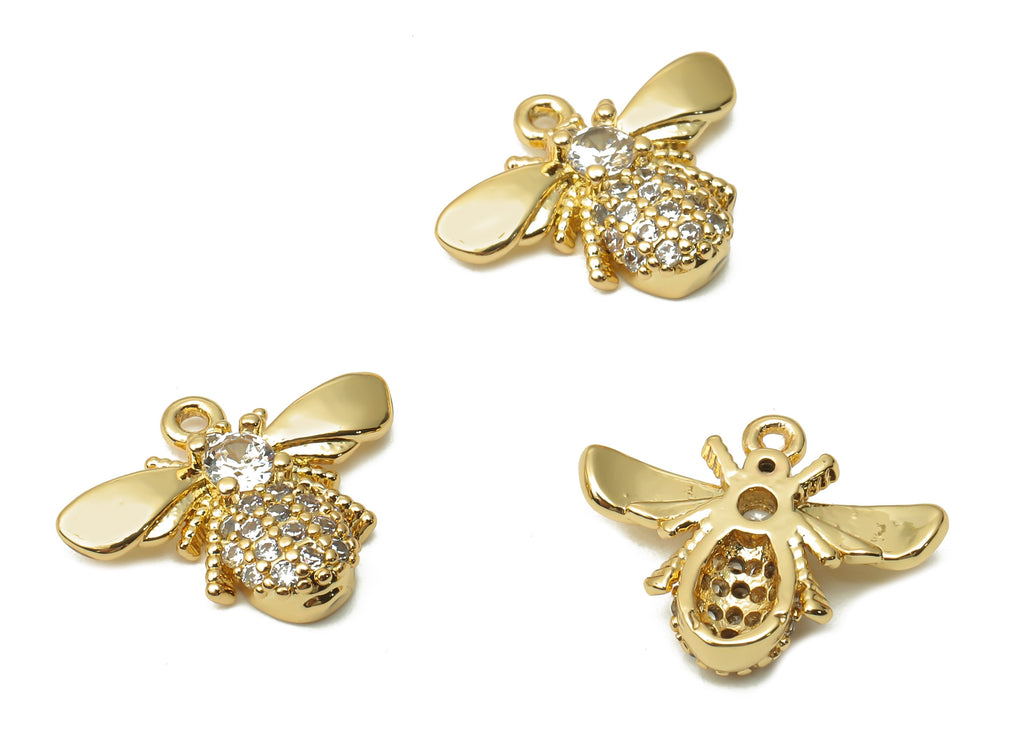 Brass Bee Earring Charms - Brass Bee Pendant with Zircon - Brass Wings Earring - 18K Real Gold Plated Brass - 15.84x12.74x3.2mm - RGP4875 - DOMEDBAZAAR