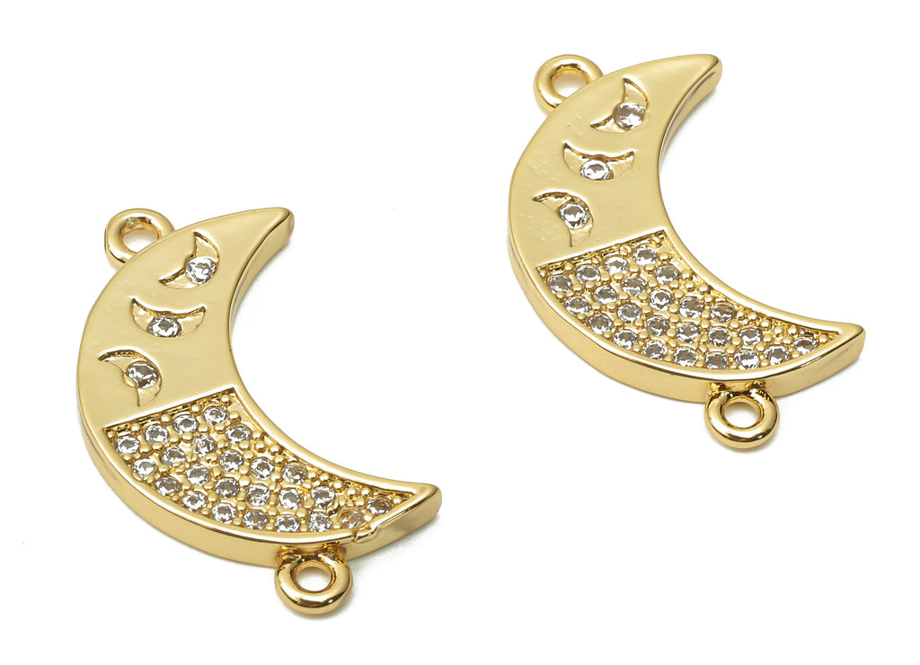 Brass Crescent Earrings Connectors with Zircon -  Brass Moon Earring Connectors - 18K Real Gold Plated Brass - 22.33x12.7x1.78mm - RGP4877 - DOMEDBAZAAR