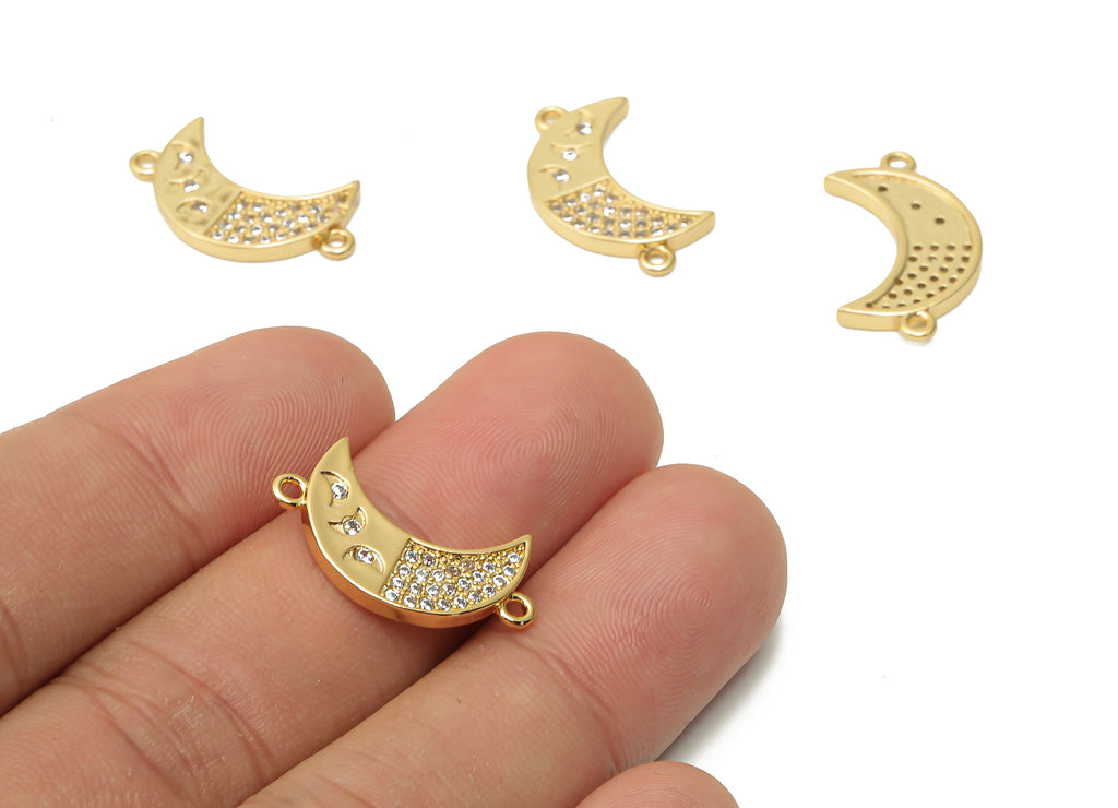 Brass Crescent Earrings Connectors with Zircon -  Brass Moon Earring Connectors - 18K Real Gold Plated Brass - 22.33x12.7x1.78mm - RGP4877 - DOMEDBAZAAR
