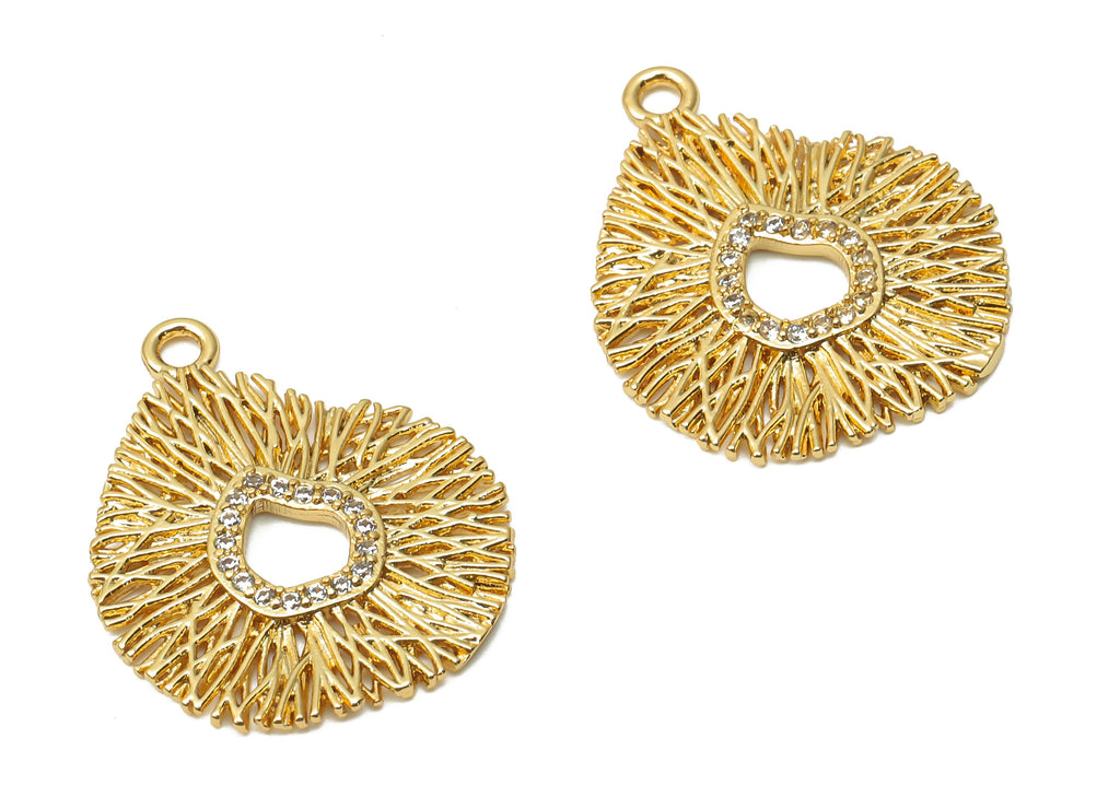 Brass Coral Earring Charm With Zircon - Brass Irregular Wires Charms - Round Pendant - 18K Real Gold Plated - 20.22x 16.6x 1.02mm -RGP4897 - DOMEDBAZAAR