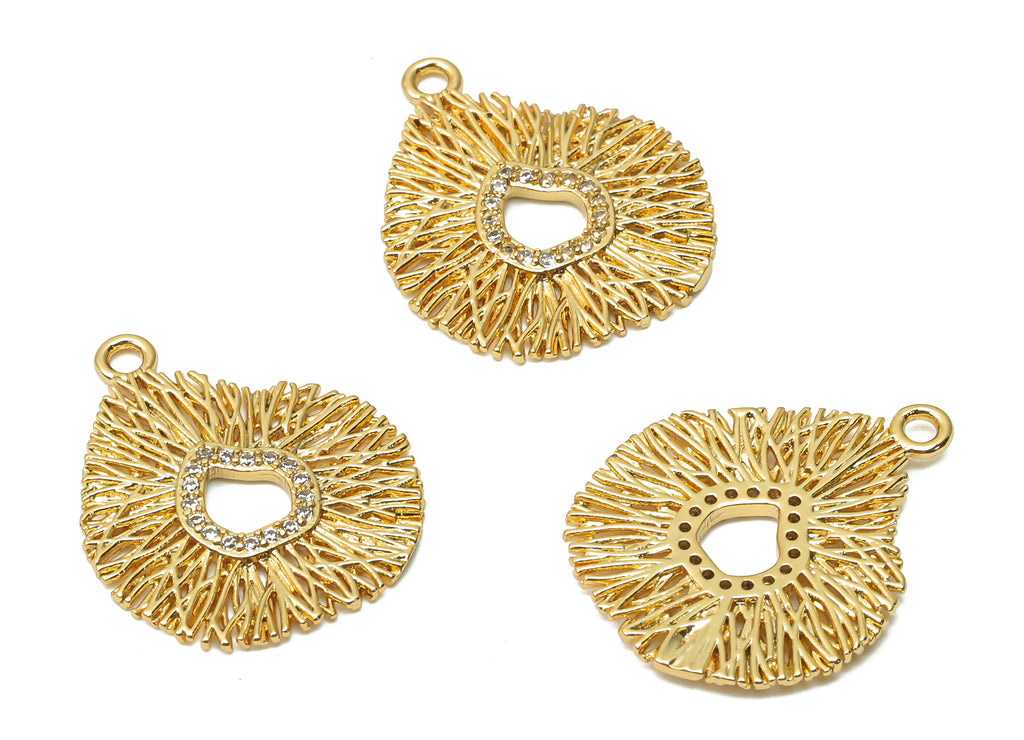 Brass Coral Earring Charm With Zircon - Brass Irregular Wires Charms - Round Pendant - 18K Real Gold Plated - 20.22x 16.6x 1.02mm -RGP4897 - DOMEDBAZAAR