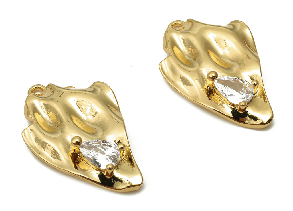 Brass Irregular Earring Charms - Brass Textured Earring With Zircon - For Necklace - 18K Real Gold Plated Pendant -23.7x14.23x2.13mm-RGP4907 - DOMEDBAZAAR