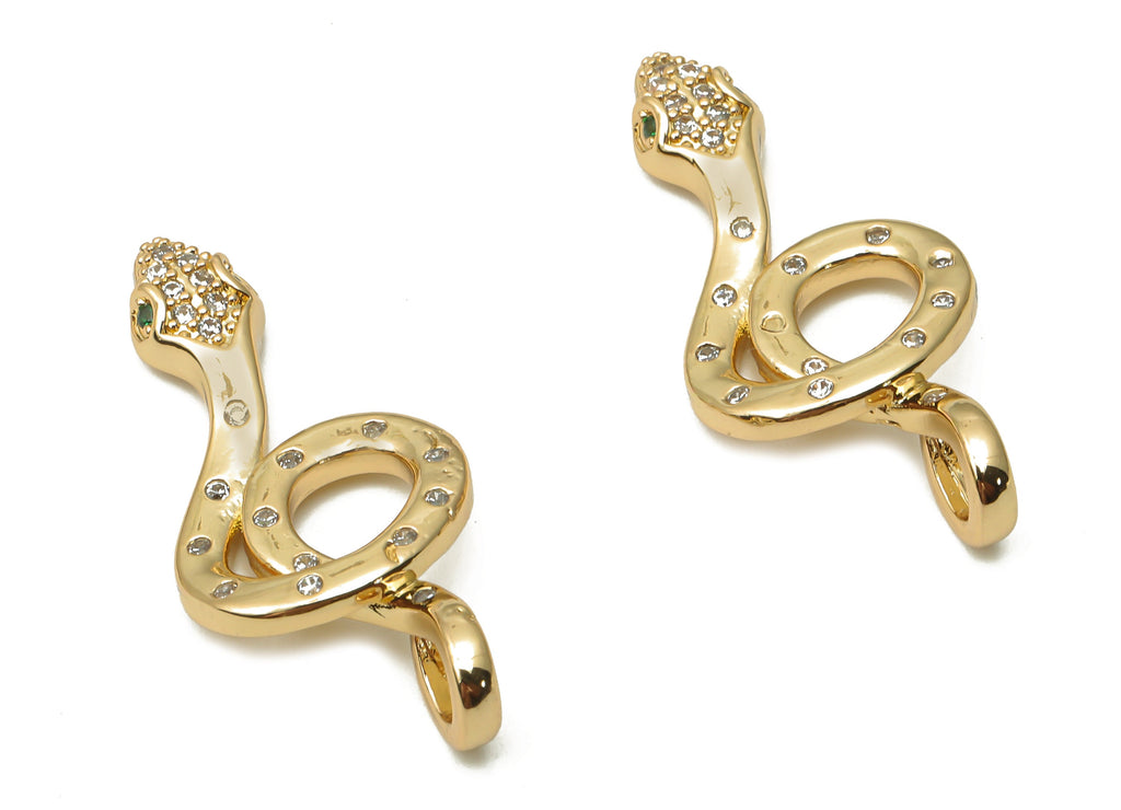 Brass Green Eye Snake Charms - Brass Dot Snake Necklace with Zircons - Snake Pendant  - 18K Real Gold Plated - 31.29x13.83x2.97mm - RGP4915 - DOMEDBAZAAR