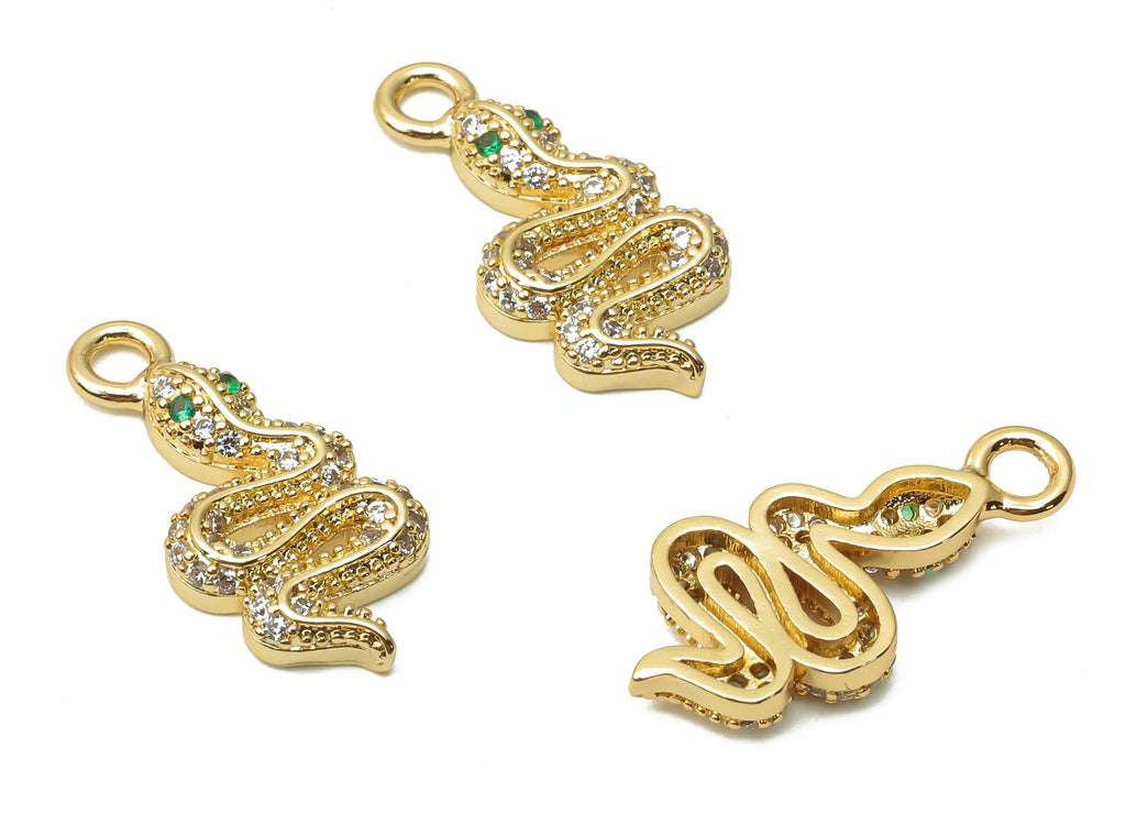 Brass Green Eye Snake Earring Charms - Brass Dot Snake Pendant with Zircon - For Necklace - 18K Real Gold Plated -21.93x10.03x3.16mm-RGP4916 - DOMEDBAZAAR