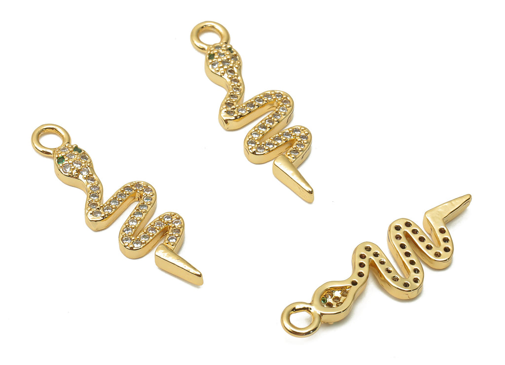 Brass Green Eye Snake Earring Charms - Brass Snake Pendant with Zircons - For Necklace- 18K Real Gold Plated - 26.25x8.08x2.28mm - RGP4926 - DOMEDBAZAAR