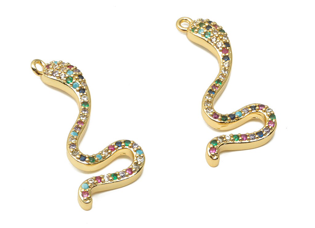 Brass Cobra Earring Charms - Brass Rainbow Cobra Pendant with Zircons - For Necklace- 18K Real Gold Plated - 27.25x11.73x3.17mm - RGP4931 - DOMEDBAZAAR