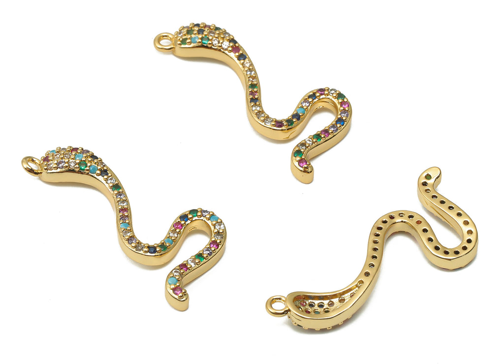 Brass Cobra Earring Charms - Brass Rainbow Cobra Pendant with Zircons - For Necklace- 18K Real Gold Plated - 27.25x11.73x3.17mm - RGP4931 - DOMEDBAZAAR