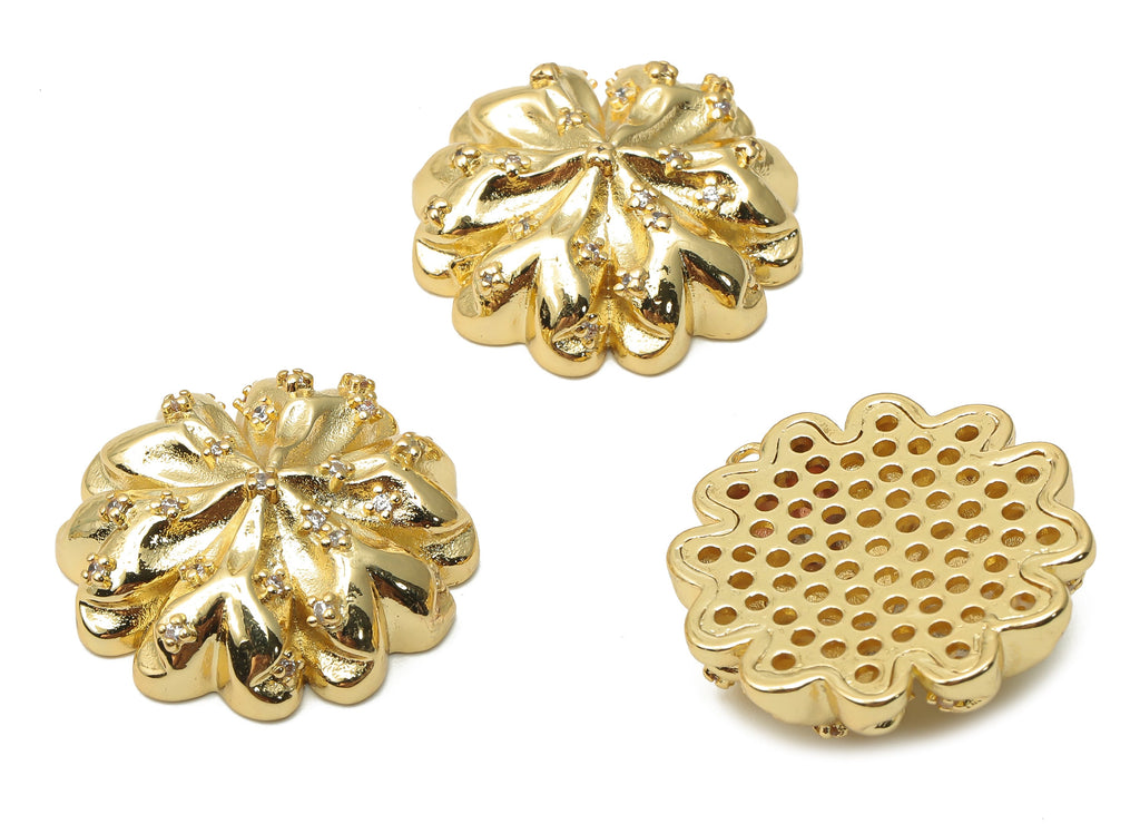 Brass Flower Earrings Big Charm With Zircons - Brass Thick Pendant - Brass Flower Charms- 18K Real Gold Plated - 24.72x24.72x8.6mm - RGP4972 - DOMEDBAZAAR