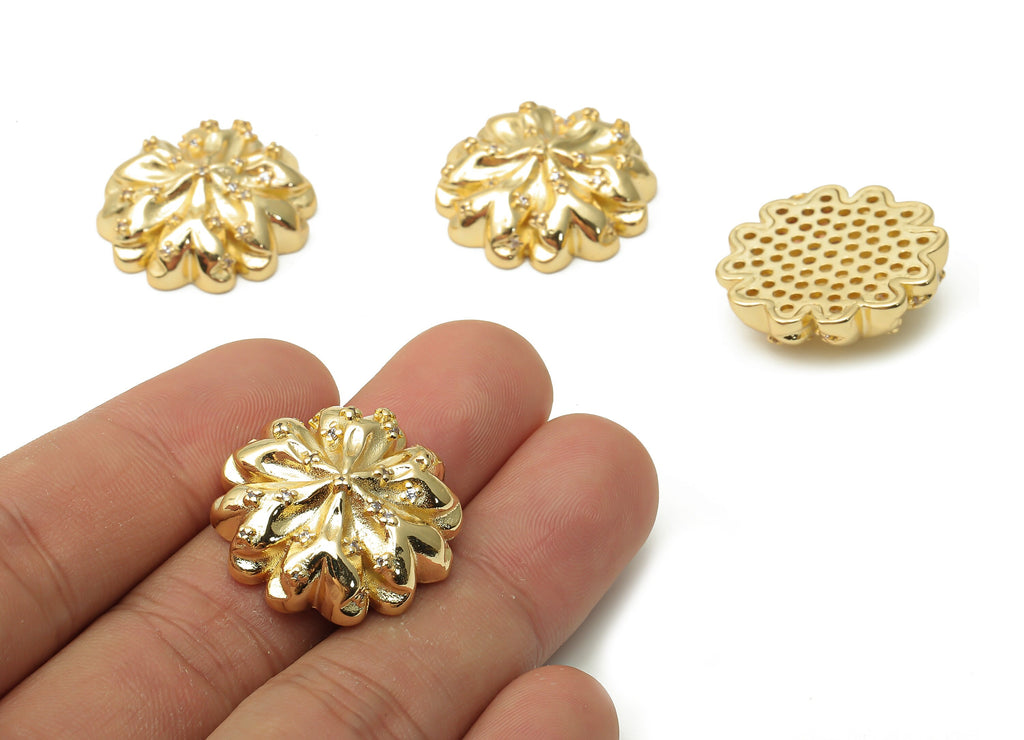 Brass Flower Earrings Big Charm With Zircons - Brass Thick Pendant - Brass Flower Charms- 18K Real Gold Plated - 24.72x24.72x8.6mm - RGP4972 - DOMEDBAZAAR