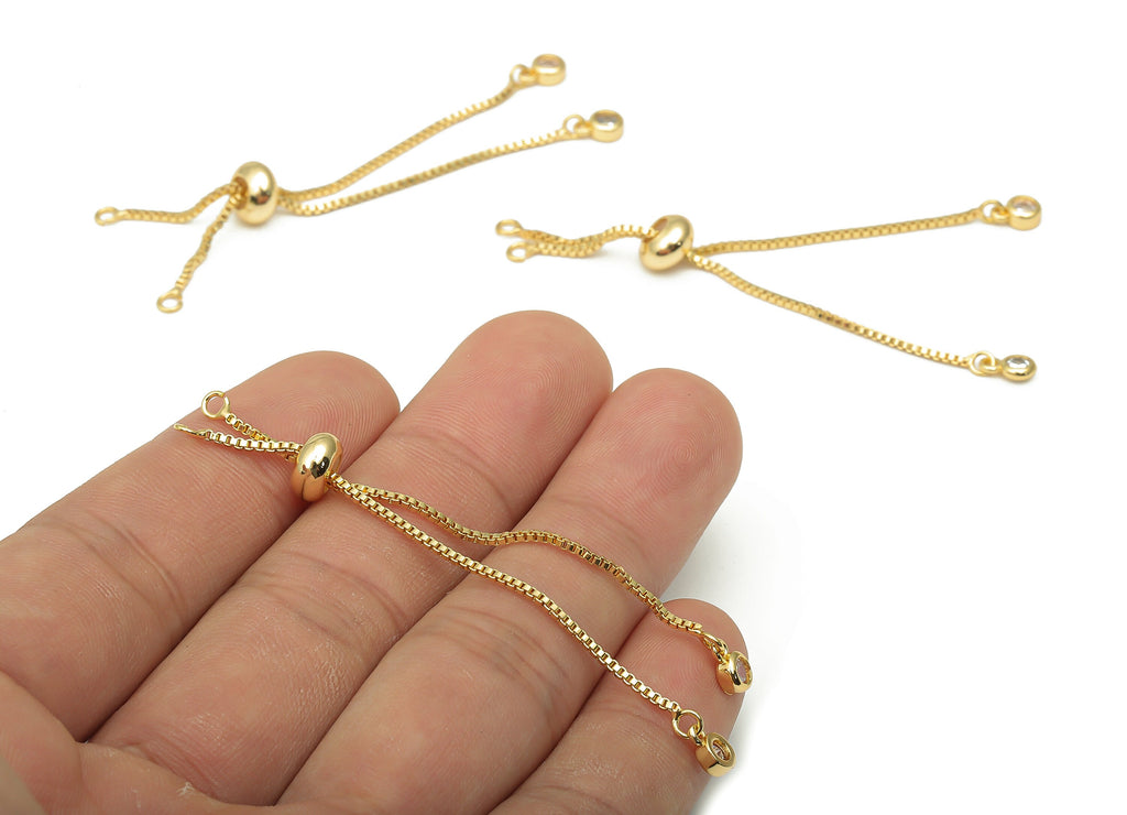 Sliding Stopper Adjustable Bracelet Zircon With Beads - 18K Real Gold - Half Finished Box Chain - Cube Chain - 70.7x7.42x4.12mm - RGP4616 - DOMEDBAZAAR