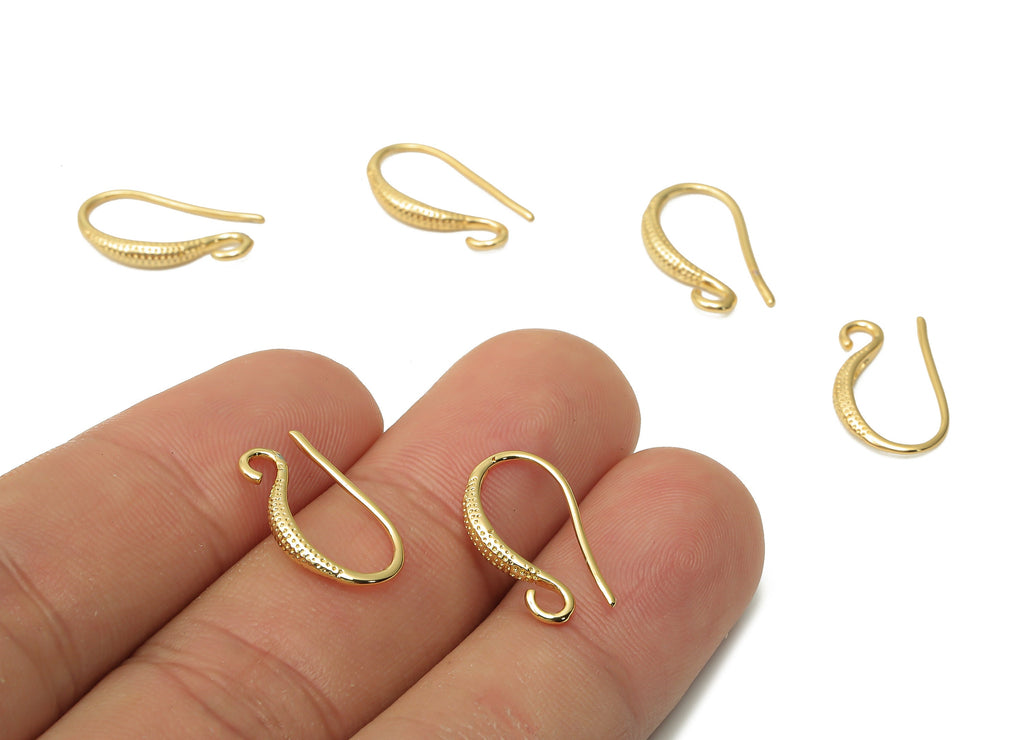 Brass Textured Earrings Wires - Gold plated Ear Hooks - Brass Earrings Hooks - 18K Real Gold Plated Brass - 17.22x10.07x1.85mm - RGP5046 - DOMEDBAZAAR