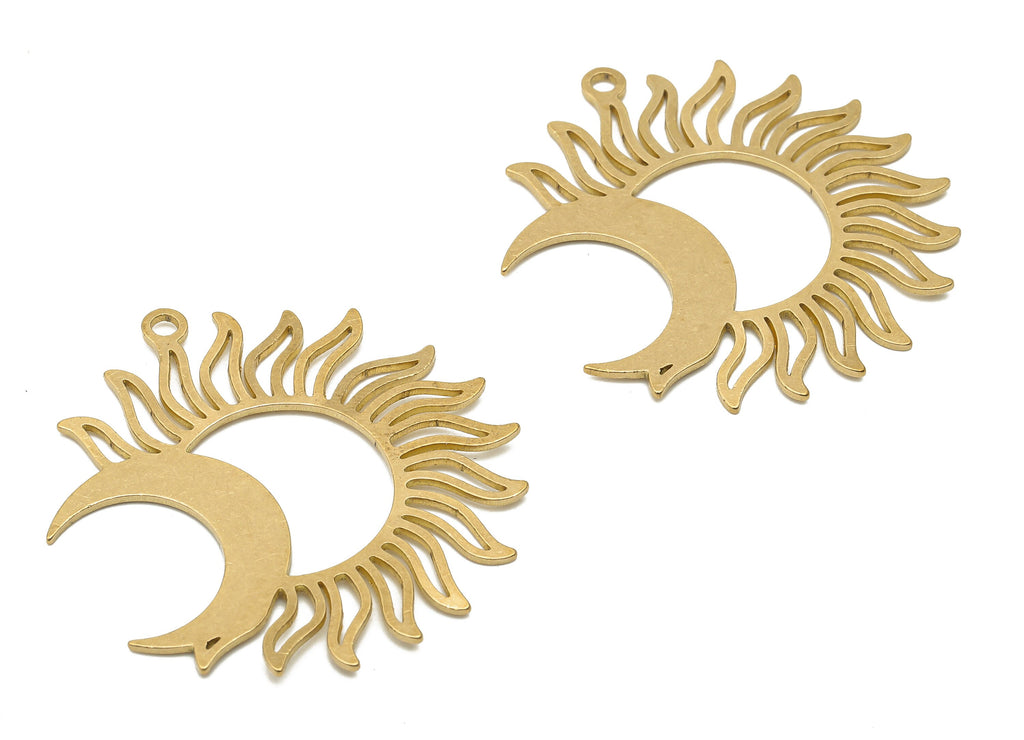 Raw Brass Sun Crescent Moon Earring Charms - Brass Sun and Moon Cutout Charms - Laser Cut Celestial Pendant -37.71x35.62x0.72mm - PPA4021 - DOMEDBAZAAR