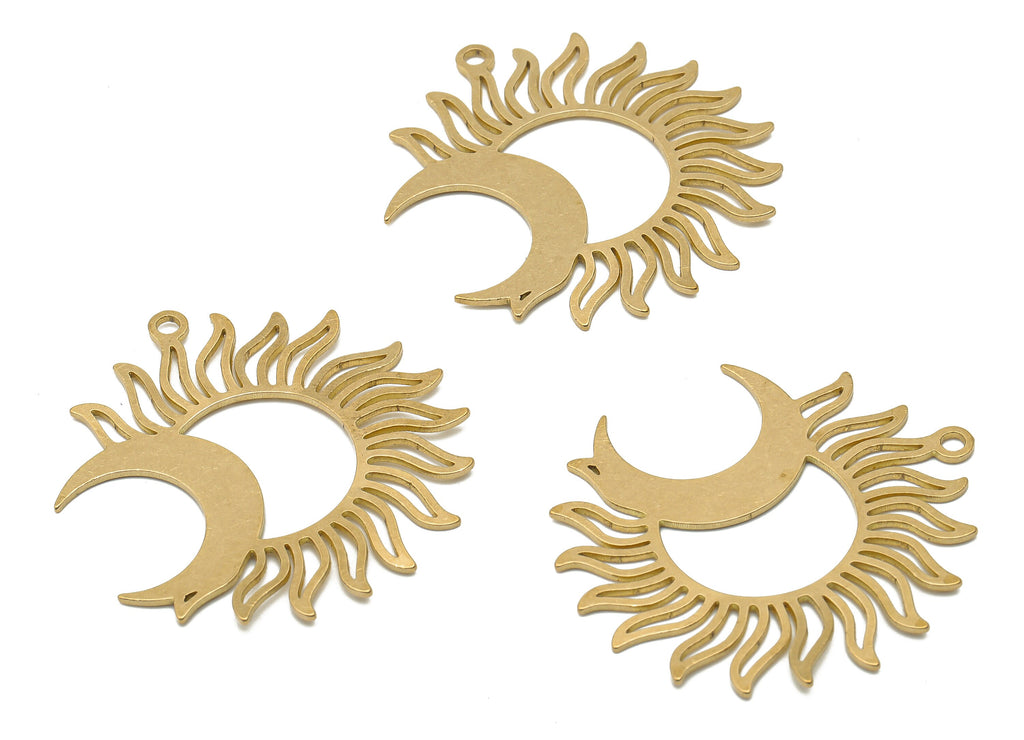 Raw Brass Sun Crescent Moon Earring Charms - Brass Sun and Moon Cutout Charms - Laser Cut Celestial Pendant -37.71x35.62x0.72mm - PPA4021 - DOMEDBAZAAR