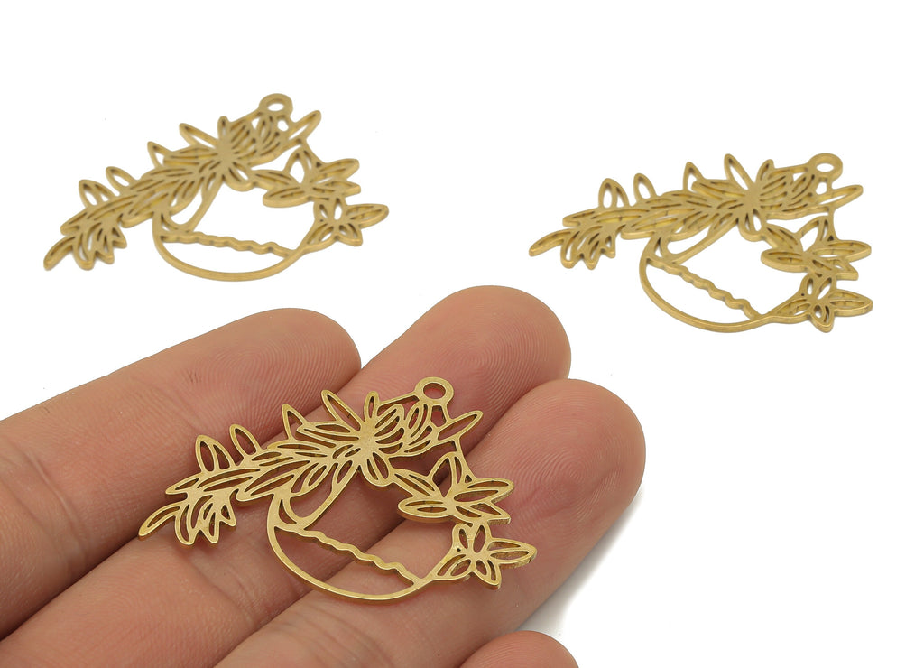 Brass Round Flower Pot Earrings Charm - Raw Brass Vase Branch Cutout Pendant - Laser Cut Charm - 40.12x32.25x0.89mm- PPA4400 - DOMEDBAZAAR