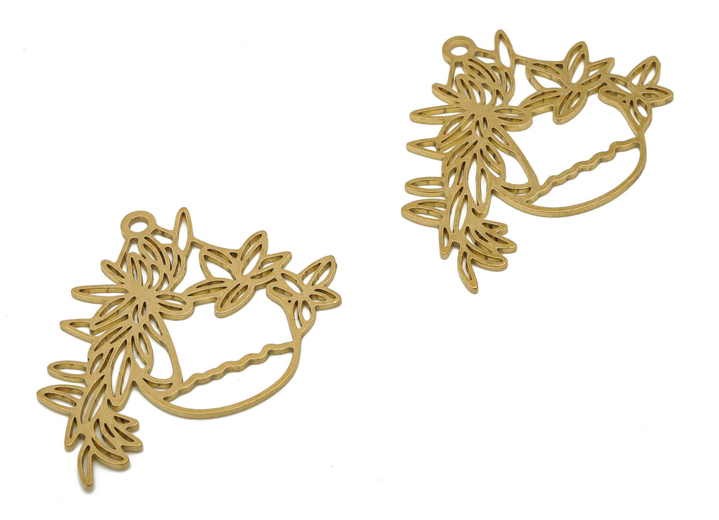 Brass Round Flower Pot Earrings Charm - Raw Brass Vase Branch Cutout Pendant - Laser Cut Charm - 40.12x32.25x0.89mm- PPA4400 - DOMEDBAZAAR