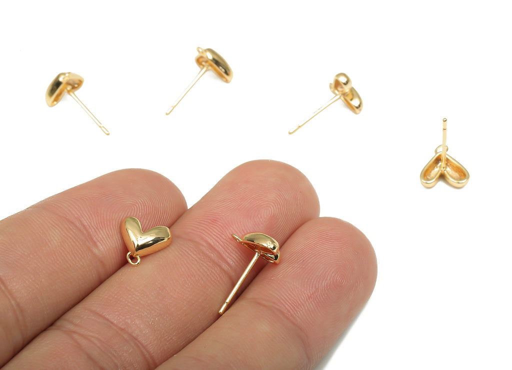Brass Mini Heart Stud Earrings With Loop - 18K Real Gold Plated Heart Posts - Dainty Earrings - Earring Post - 8.47x8.33x2.84mm - RGP4686 - DOMEDBAZAAR