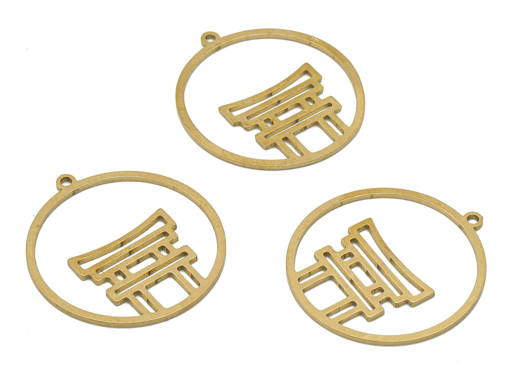 Brass Circle Temple Charm - Raw Brass Stone Age Hoop Cutout Earrings Charm - Laser Cut Pendant - 29.67x27.43x0.83mm - PPA4462 - DOMEDBAZAAR