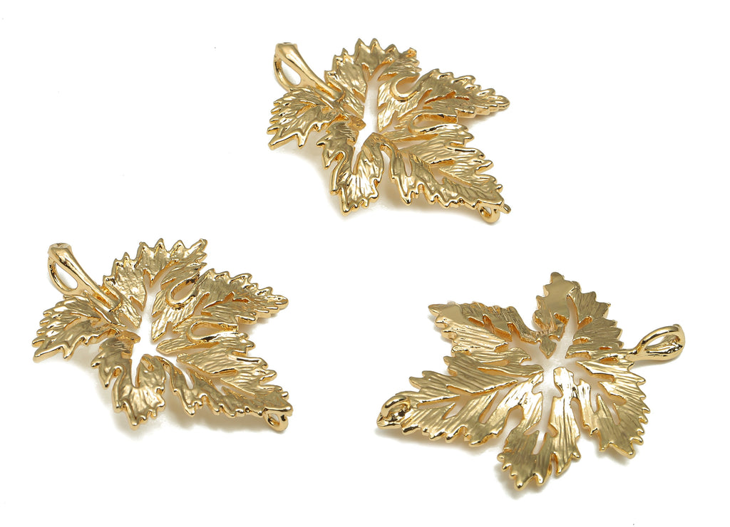 Brass Maple Leaf Earring Charm - Brass Alder Leaf Earring Charms - 18K Real Gold Plating Pendant - For Necklace - 28.1x24.4x1.82mm - RGP4694 - DOMEDBAZAAR