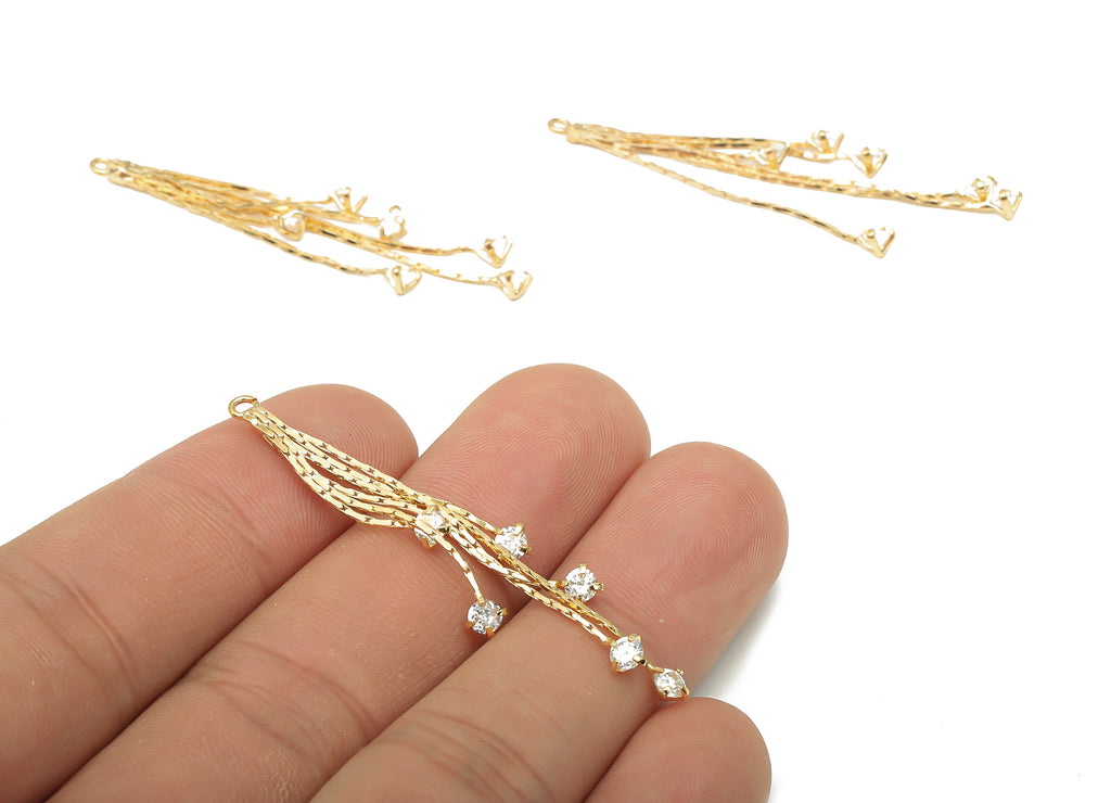 Brass Fringe Earrings Charm With Zircon - 18K Real Gold Plated Brass Tassel - Fringe Chain Tassel - 44.25x3.37x1.15mm - RGP4715 - DOMEDBAZAAR