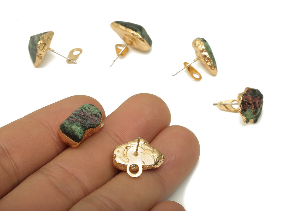 Green Fluorite Stud with Loop - Natural Stone Earring - Gold Plated Stone Post - 316 Surgical Stainless Steel - 13.34x11.6x9.52mm - NS1762AA - DOMEDBAZAAR