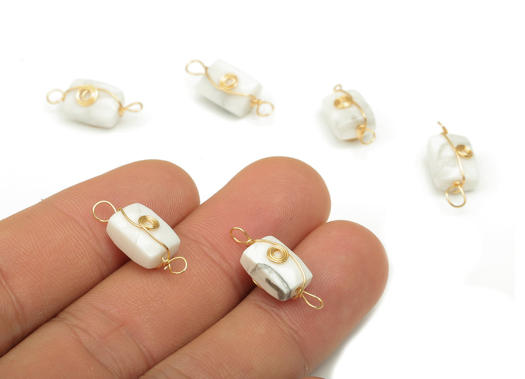 Howlite Earring Connector - Brass Wire Wrapped Rectangle Pendant - Faceted Natural Stone - Gold Tone Plating - 19.85x7.44x7.01mm - NS1863A - DOMEDBAZAAR