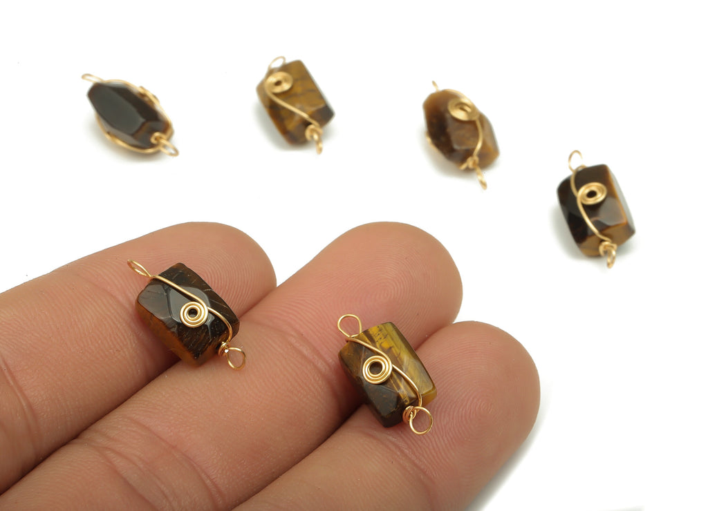 Tiger Eye Earring Connector - Brass Wire Wrapped Rectangle Pendant -  Faceted Natural Stone - Gold Tone Plating - 19.85x7.4x7.01mm - NS1863B - DOMEDBAZAAR