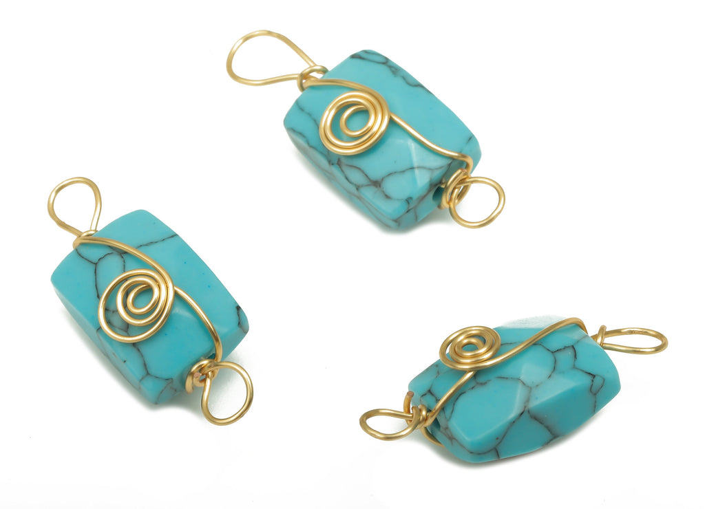Turquoise Earring Connector - Brass Wire Wrapped Rectangle Pendant - Faceted Natural Stone - Gold Tone Plating - 19.85x7.44x7.01mm - NS1863E - DOMEDBAZAAR