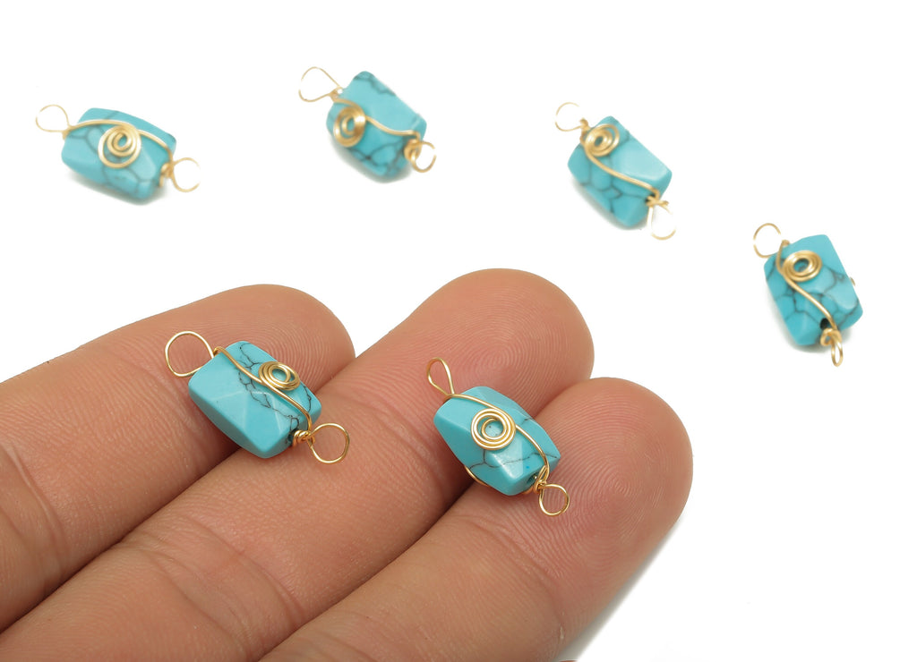 Turquoise Earring Connector - Brass Wire Wrapped Rectangle Pendant - Faceted Natural Stone - Gold Tone Plating - 19.85x7.44x7.01mm - NS1863E - DOMEDBAZAAR