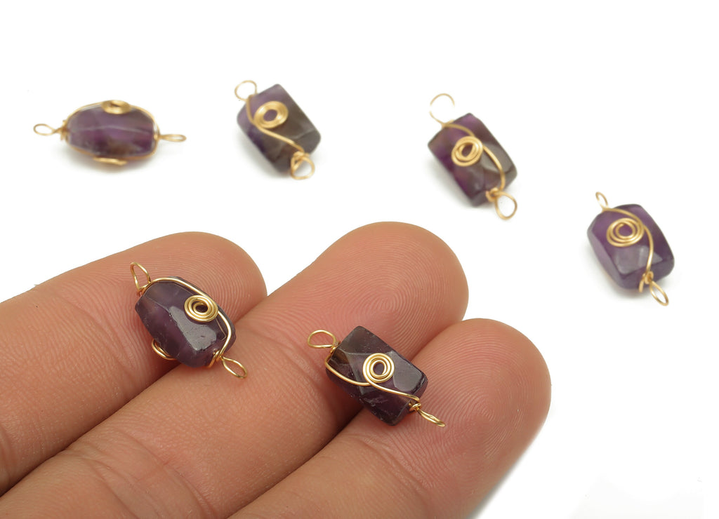 Amethyst Earring Connector - Brass Wire Wrapped Rectangle Pendant - Faceted Natural Stone - Gold Tone Plating - 19.85x7.44x7.01mm - NS1863F - DOMEDBAZAAR