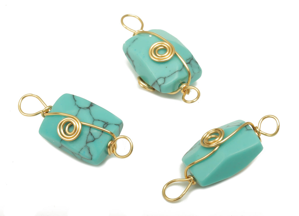 Blue Jade Earring Connector - Brass Wire Wrapped Rectangle Pendant - Faceted Natural Stone - Gold Tone Plating - 19.85x7.44x7.01mm - NS1863G - DOMEDBAZAAR
