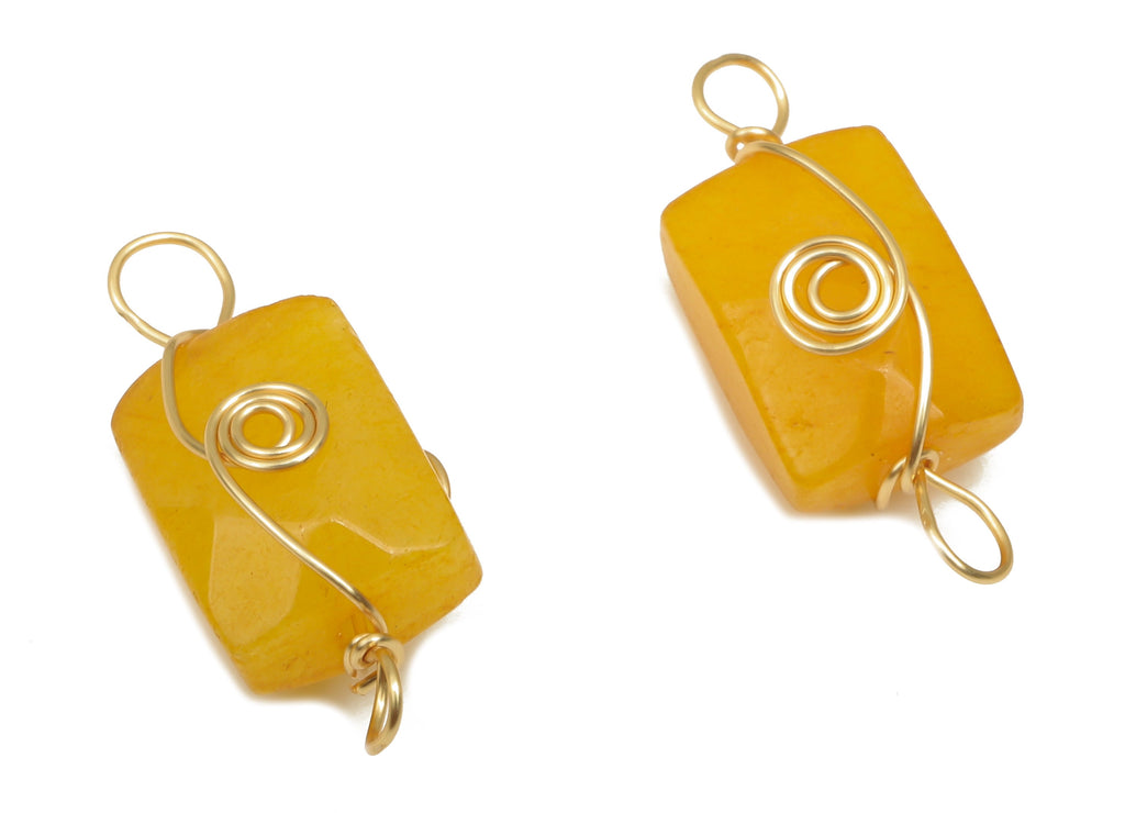 Yellow Jade Earring Connector - Brass Wire Wrapped Rectangle Charm - Faceted Natural Stone - Gold Tone Plating - 19.85x7.44x7.01mm - NS1863J - DOMEDBAZAAR