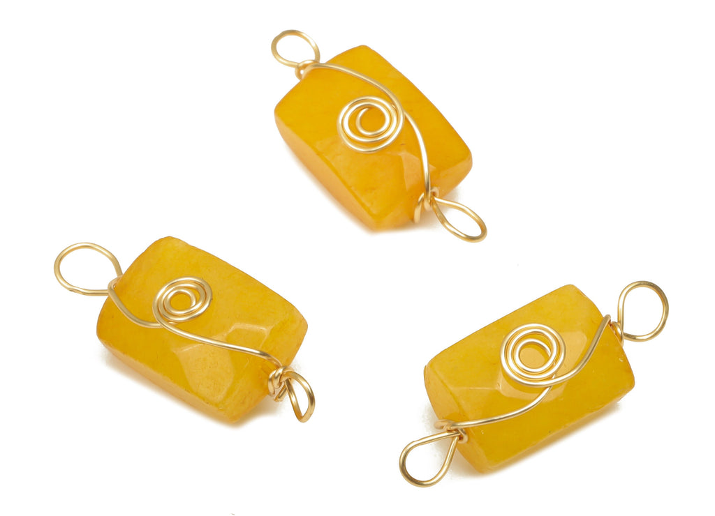 Yellow Jade Earring Connector - Brass Wire Wrapped Rectangle Charm - Faceted Natural Stone - Gold Tone Plating - 19.85x7.44x7.01mm - NS1863J - DOMEDBAZAAR