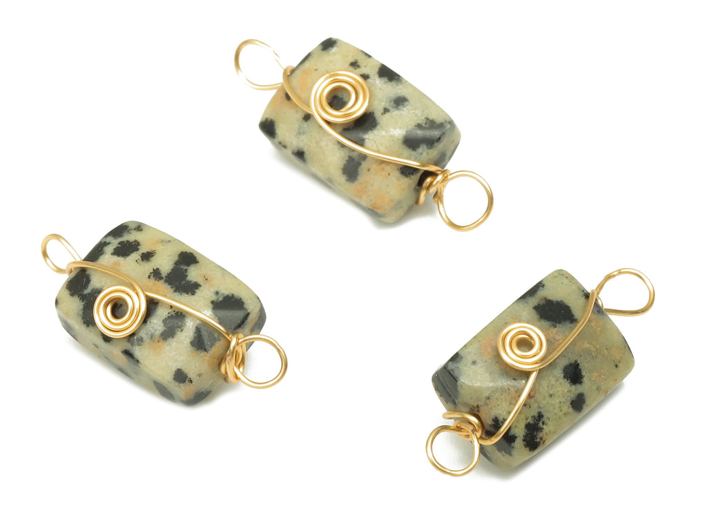 Dalmatian Earring Connector - Brass Wire Wrapped Rectangle Pendant - Faceted Natural Stone - Gold Tone Plating - 19.85x7.44x7.01mm - NS1863L - DOMEDBAZAAR