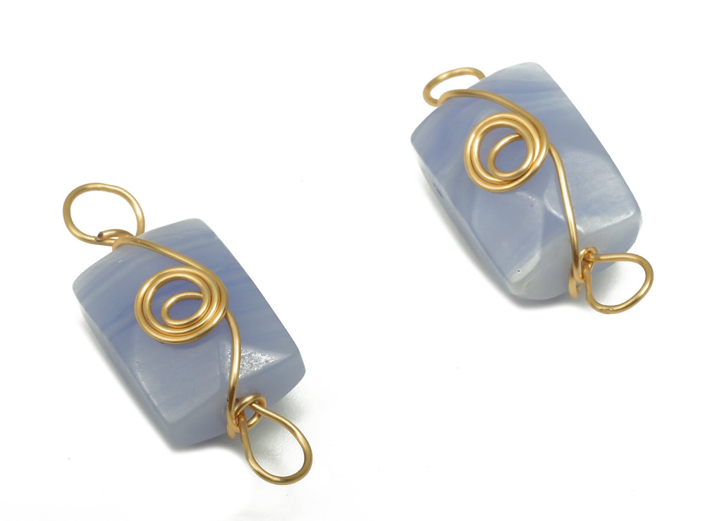 Purple Agate Earrings Connector - Brass Wire Wrapped Rectangle Pendant - Faceted Natural Stone - Gold Tone Plating - 19.9x7.44x7mm - NS1863M - DOMEDBAZAAR
