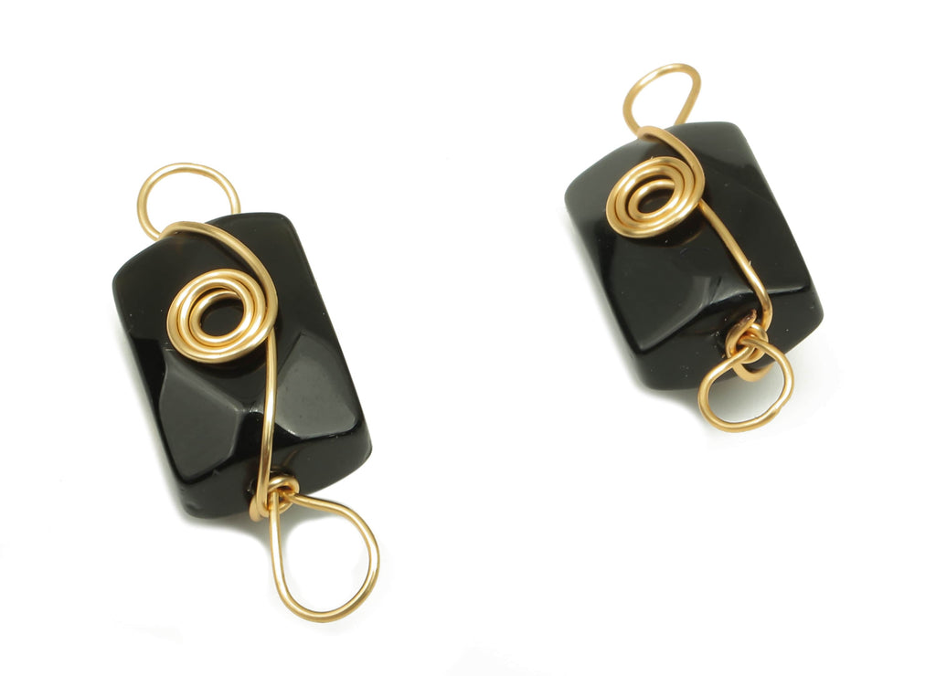 Obsidian Earring Connector - Brass Wire Wrapped Rectangle Pendant - Faceted Natural Stone - Gold Tone Plating - 19.85x7.44x7.01mm - NS1863N - DOMEDBAZAAR